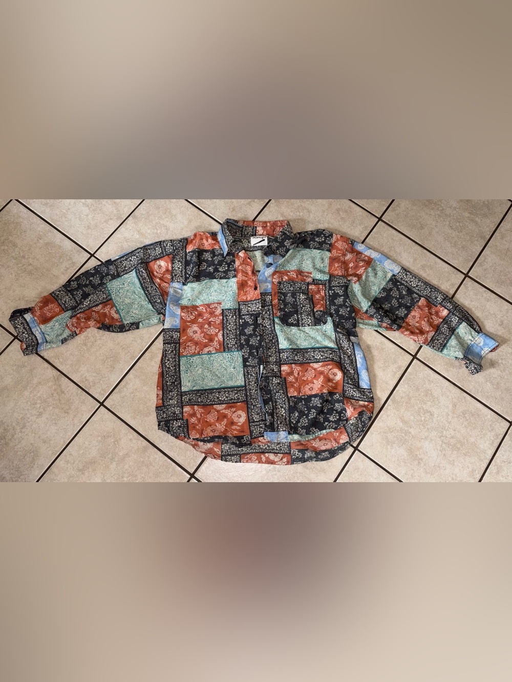 Vintage Xingu Patchwork Button-Down Shirt in Rust Blue and Mint